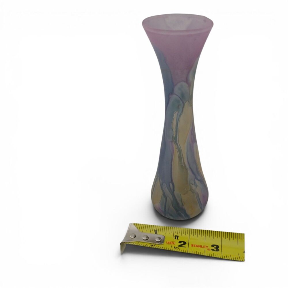 Studio Art Glass Bud Vase Satin Frosted Lavender Blue Swirl Hand Blown 6.25"